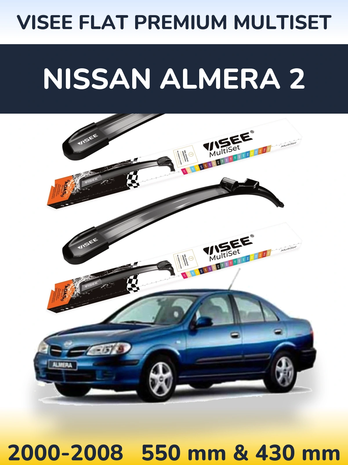 Sada předních stěračů VISEE FLAT PREMIUM MultiSet 550 a 430 mm pro Nissan Almera 2 2000-2008