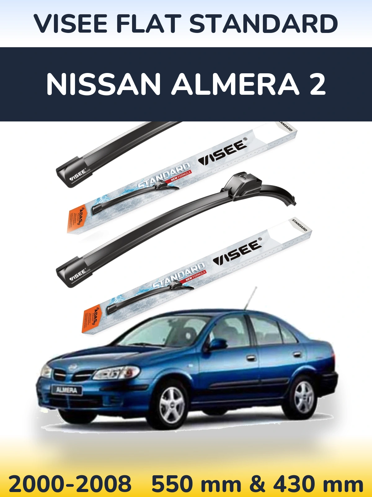 Sada předních stěračů VISEE FLAT STANDARD 550 a 430 mm pro Nissan Almera 2 2000-2008