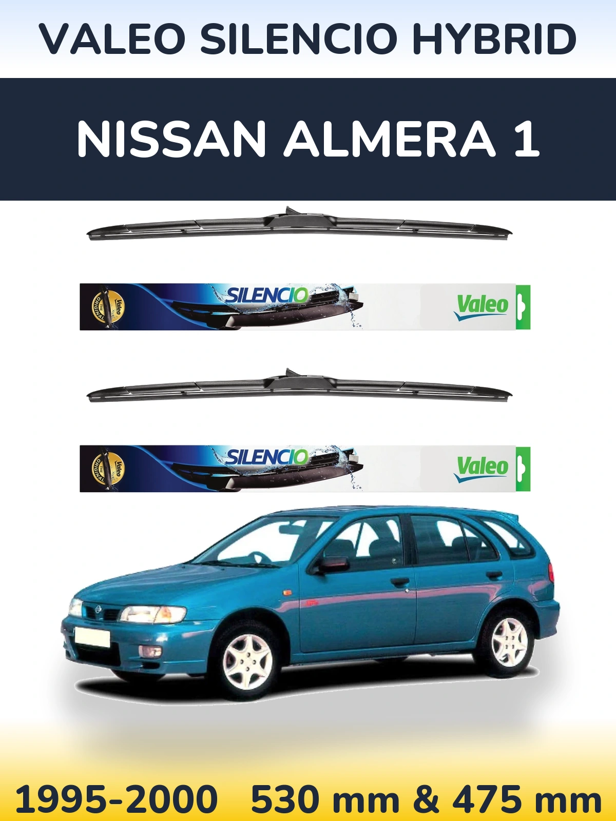 Sada předních stěračů Valeo Silencio Hybrid 530 a 475 mm pro Nissan Almera 1 1995-2000