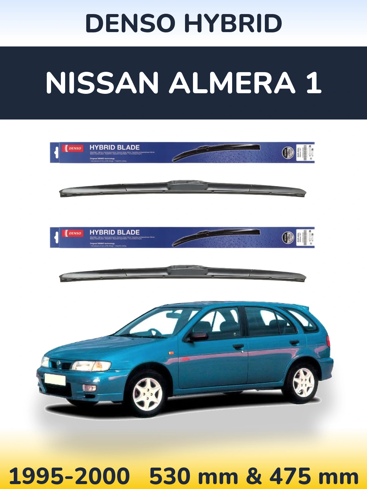 Sada předních stěračů Denso Hybrid 530 a 475 mm pro Nissan Almera 1 1995-2000