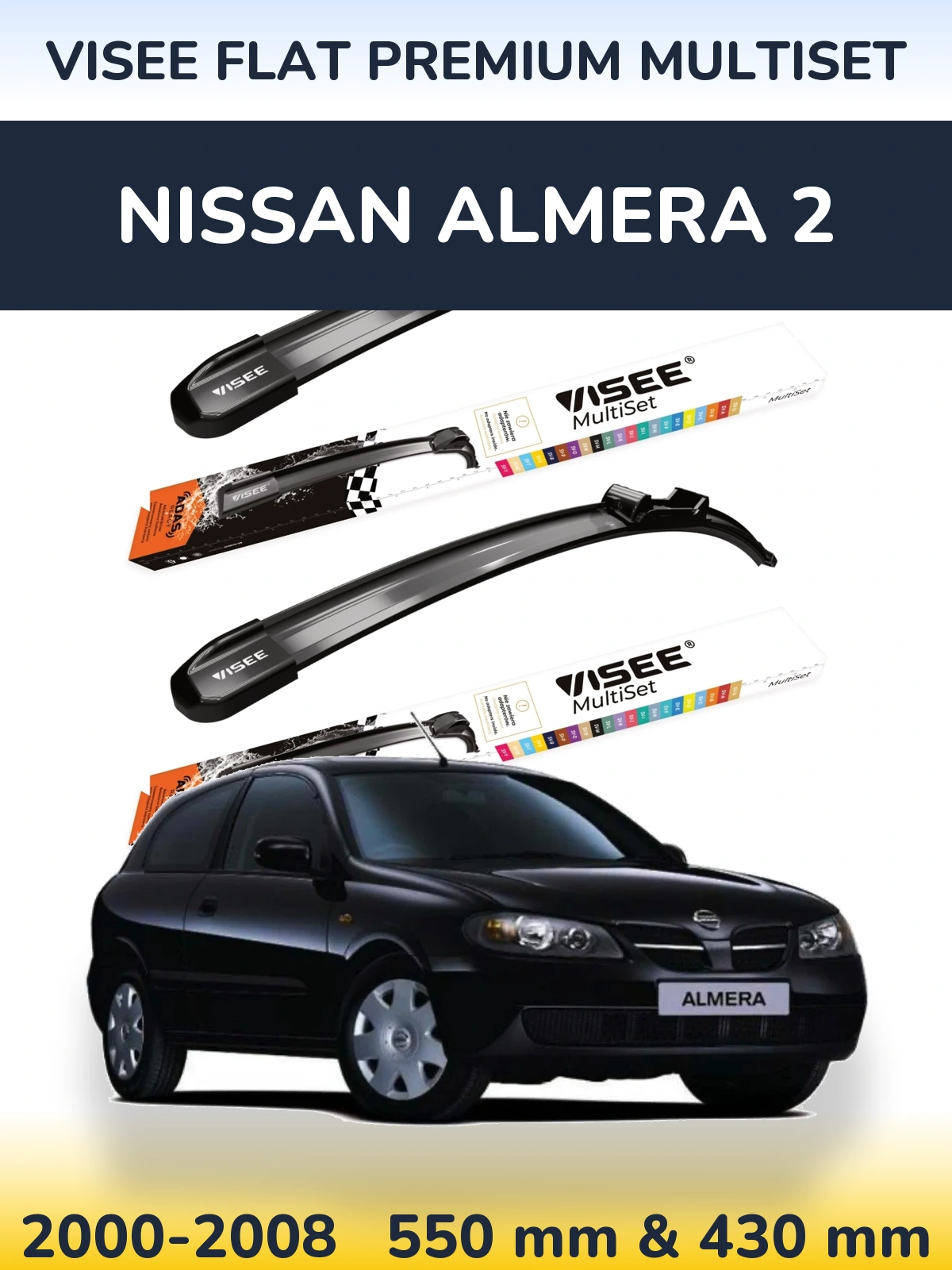 Sada předních stěračů VISEE FLAT PREMIUM MultiSet 550 a 430 mm pro Nissan Almera 2 2000-2008