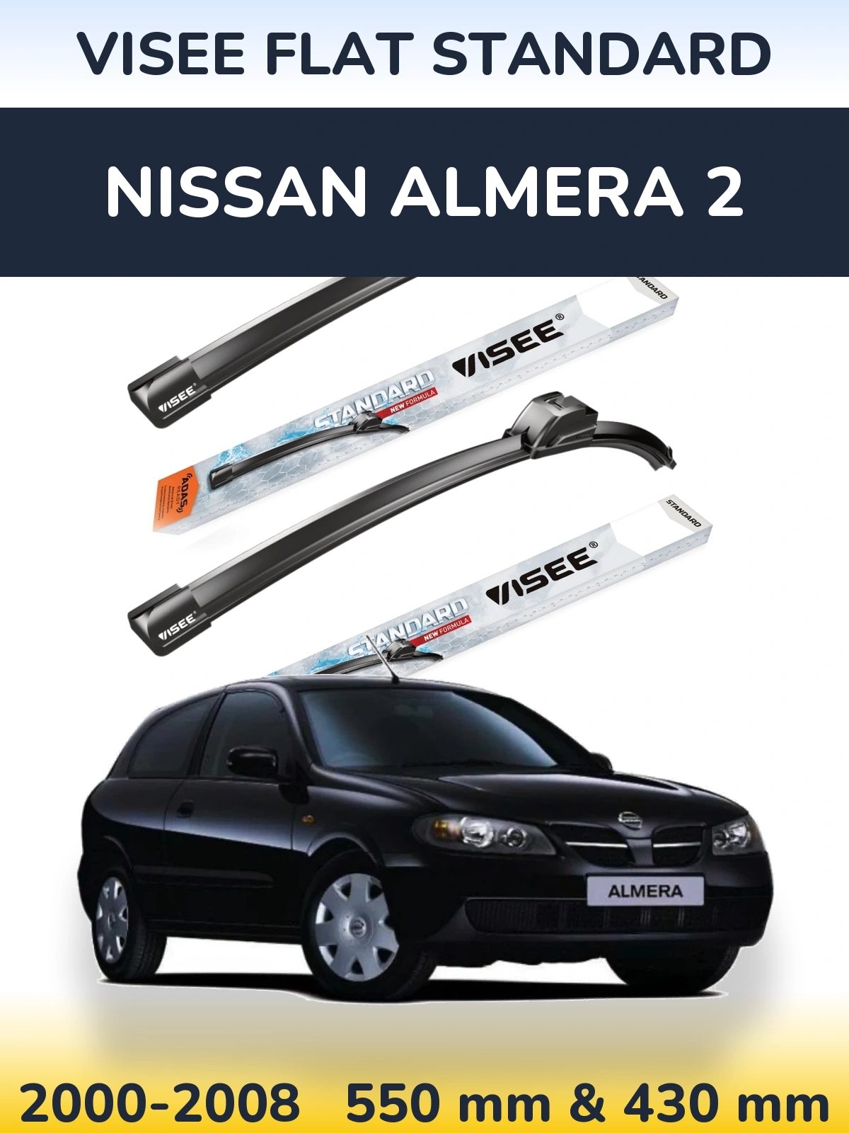 Sada předních stěračů VISEE FLAT STANDARD 550 a 430 mm pro Nissan Almera 2 2000-2008