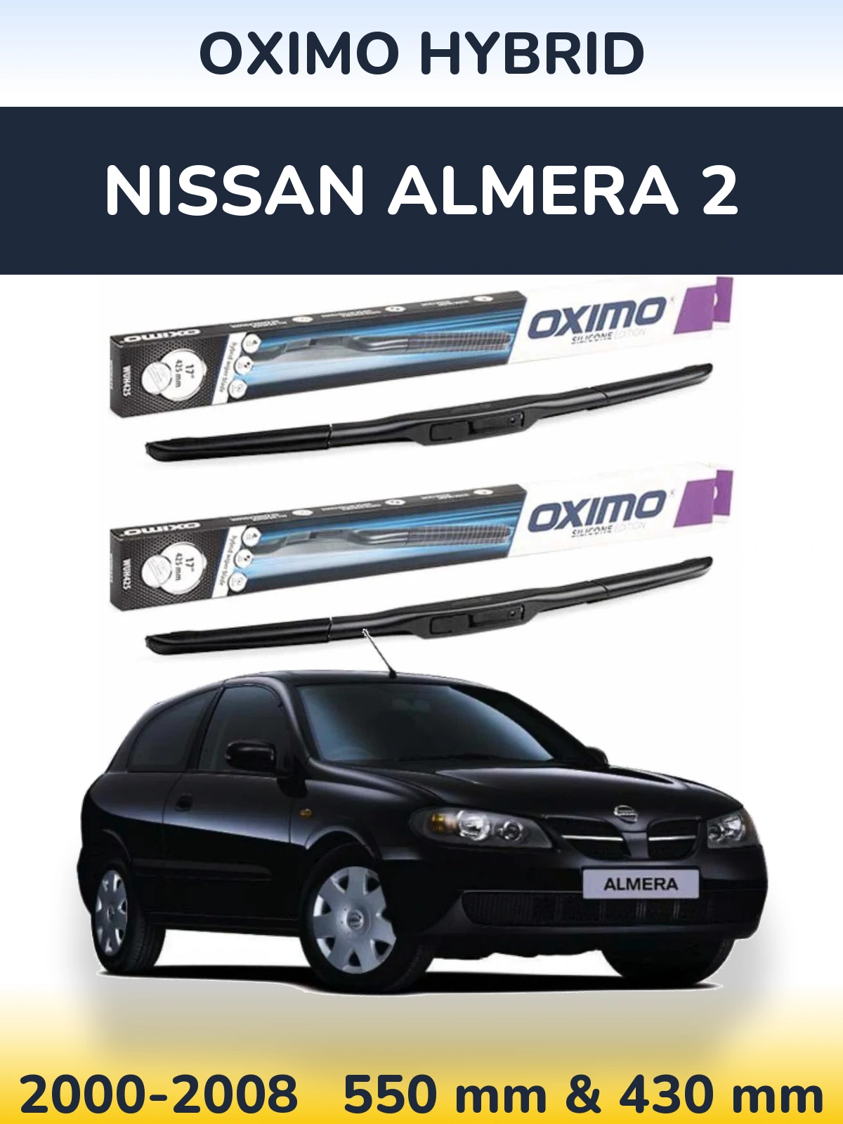 Sada předních stěračů Oximo Hybrid 550 a 430 mm pro Nissan Almera 2 2000-2008