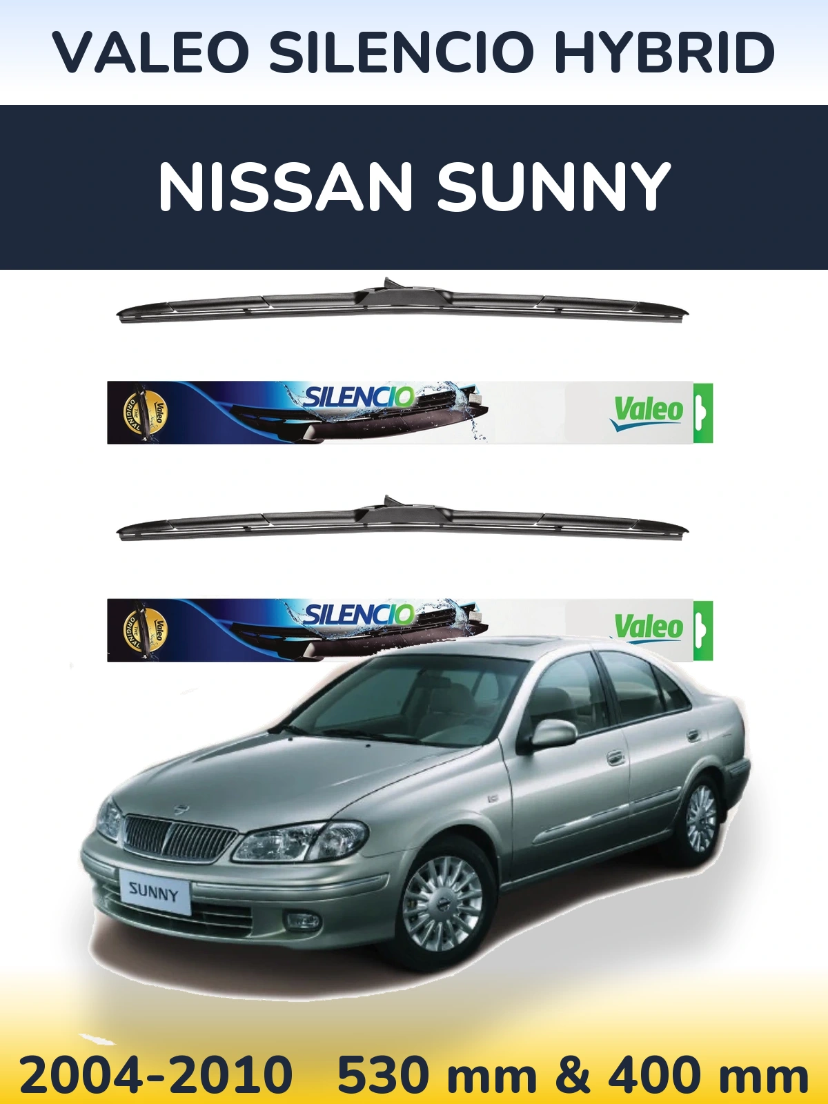 Sada předních stěračů Valeo Silencio Hybrid 530 a 400 mm pro Nissan Sunny 2004-2010