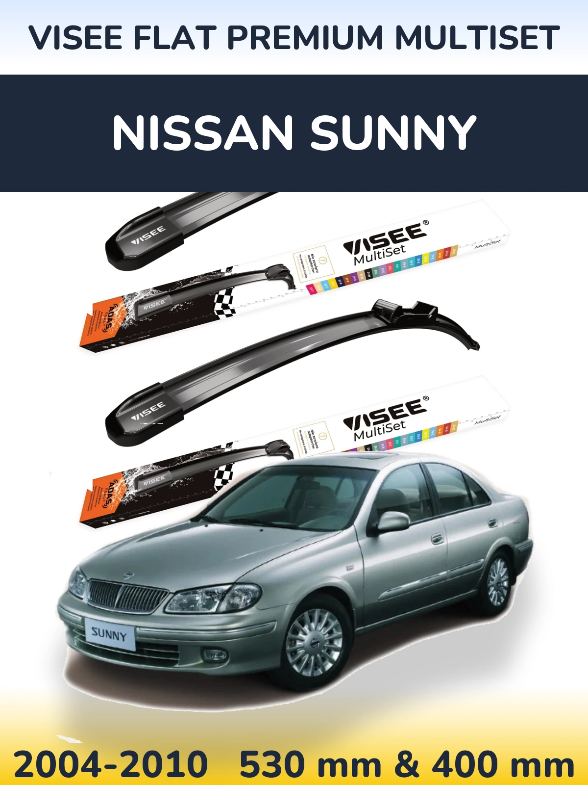 Sada předních stěračů VISEE FLAT PREMIUM MultiSet 530 a 400 mm pro Nissan Sunny 2004-2010