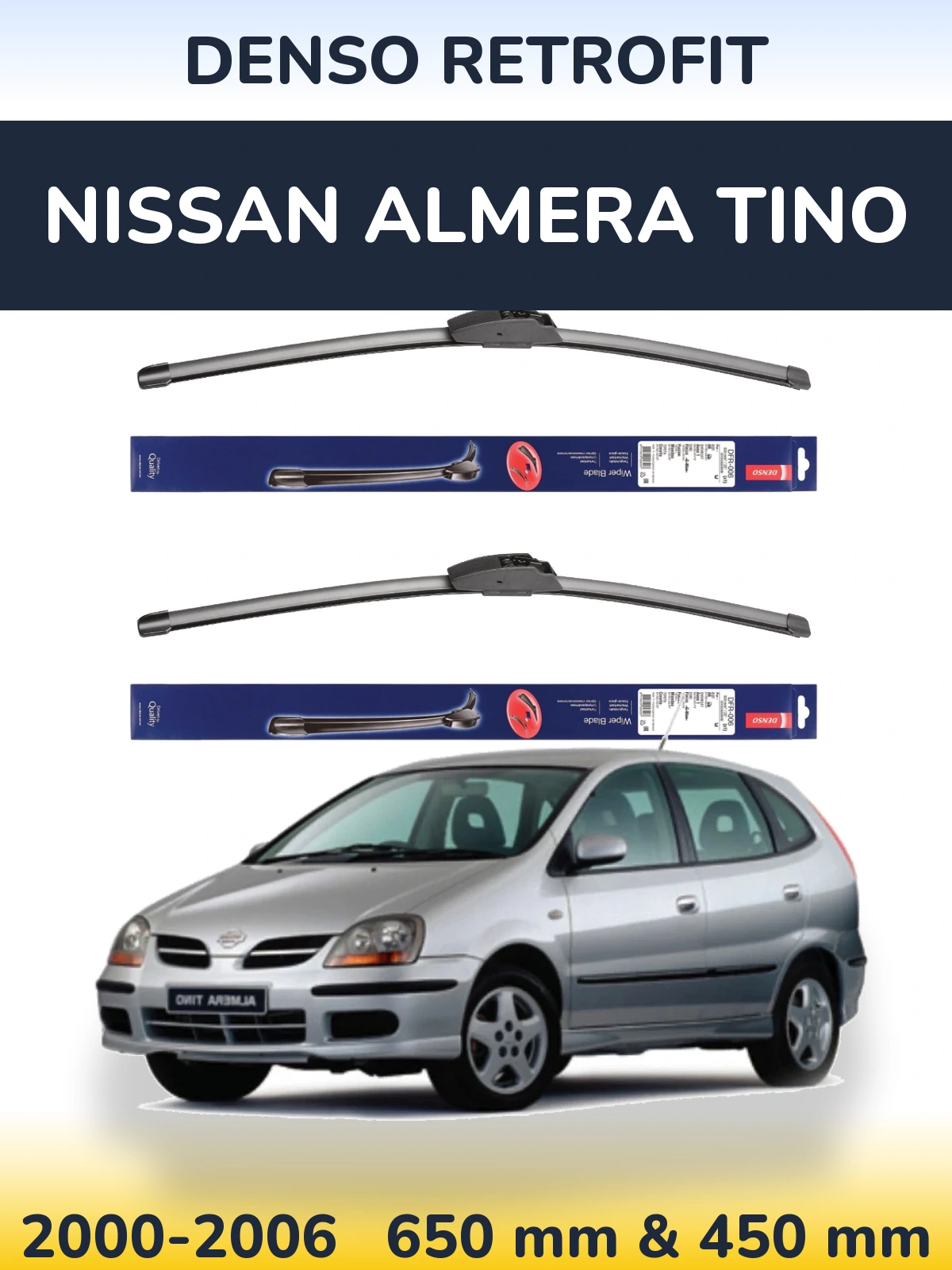 Sada předních stěračů Denso Retrofit 650 a 450 mm pro Nissan Almera Tino 2000-2006