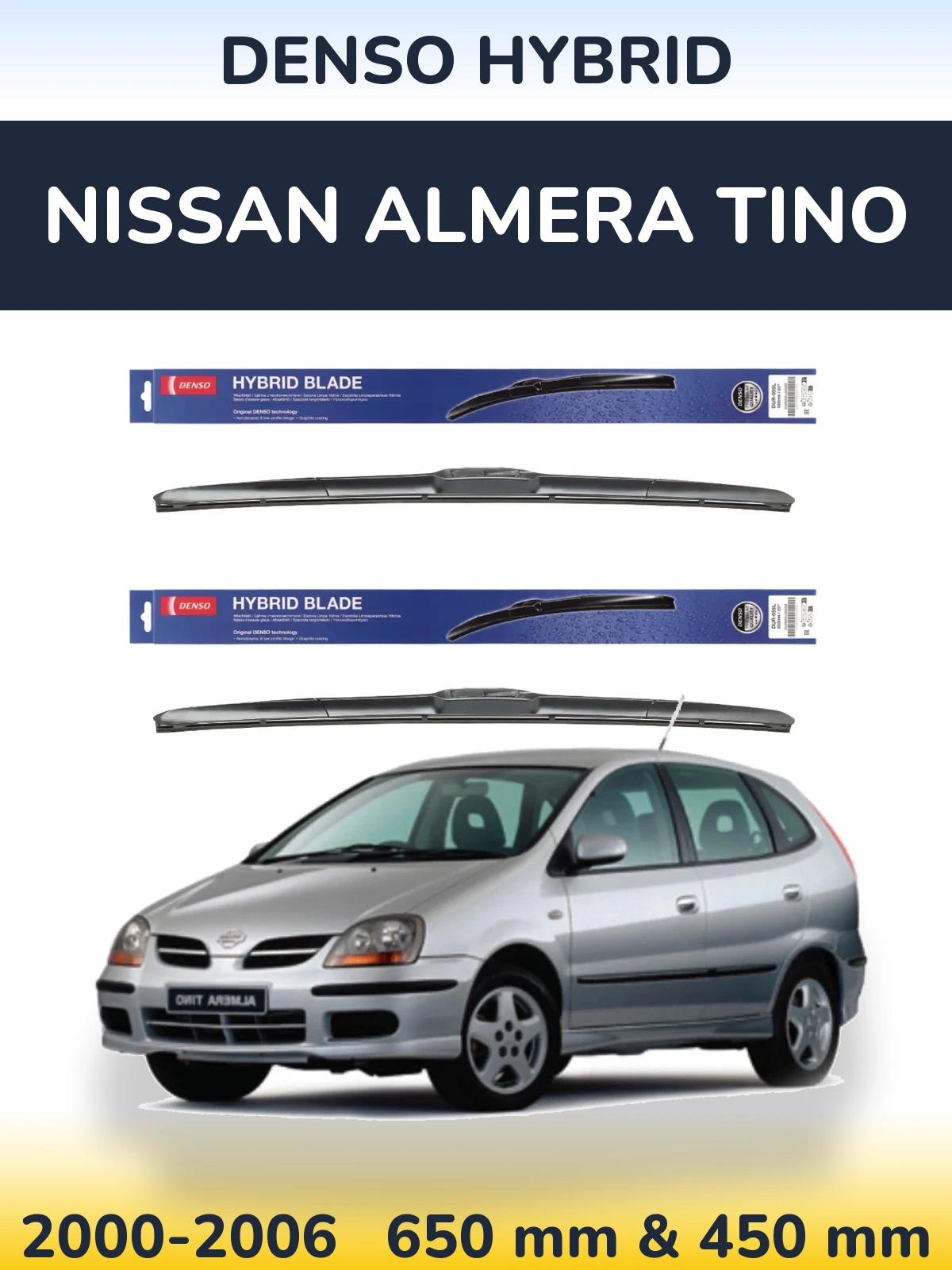 Sada předních stěračů Denso Hybrid 650 a 450 mm pro Nissan Almera Tino 2000-2006