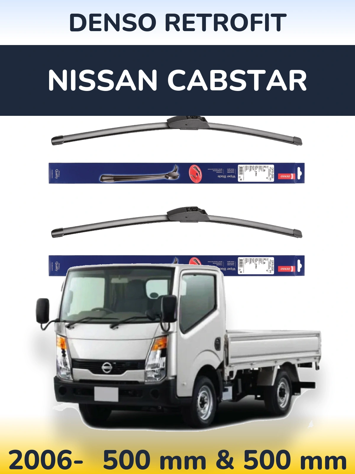 Sada předních stěračů Denso Retrofit 500 a 500 mm pro Nissan Cabstar 2006-2026