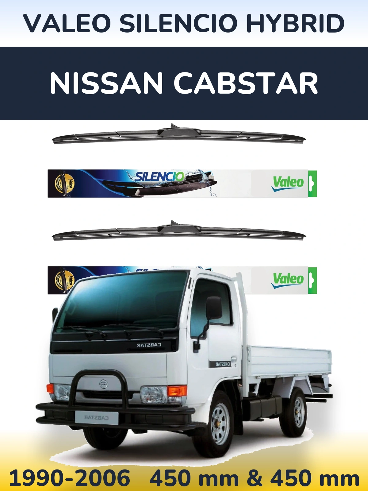 Sada předních stěračů Valeo Silencio Hybrid 450 a 450 mm pro Nissan Cabstar 1990-2006
