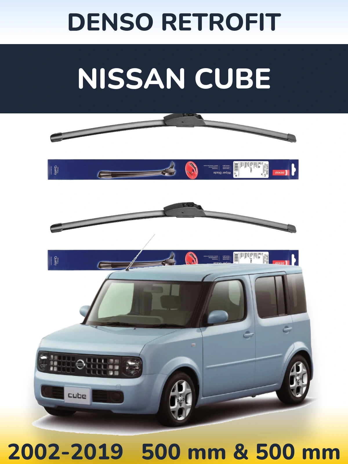 Sada předních stěračů Denso Retrofit 500 a 500 mm pro Nissan Cube 2002-2019