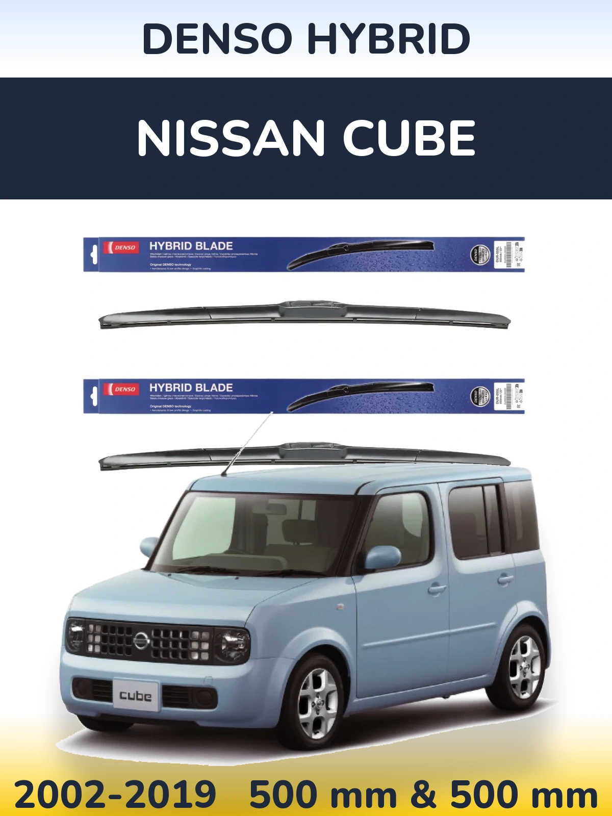 Sada předních stěračů Denso Hybrid 500 a 500 mm pro Nissan Cube 2002-2019