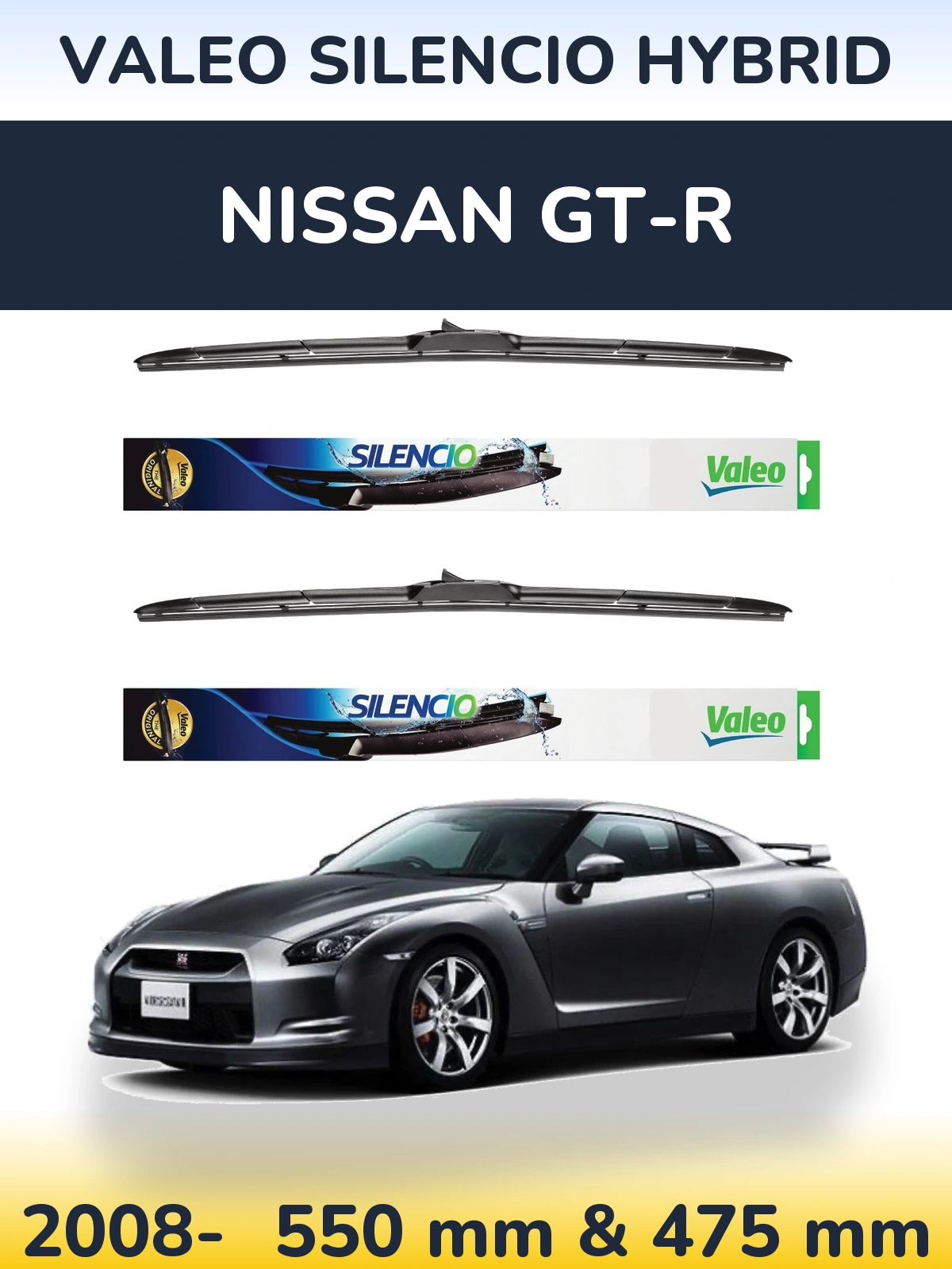 Sada předních stěračů Valeo Silencio Hybrid 550 a 475 mm pro Nissan GT-R 2008-2026