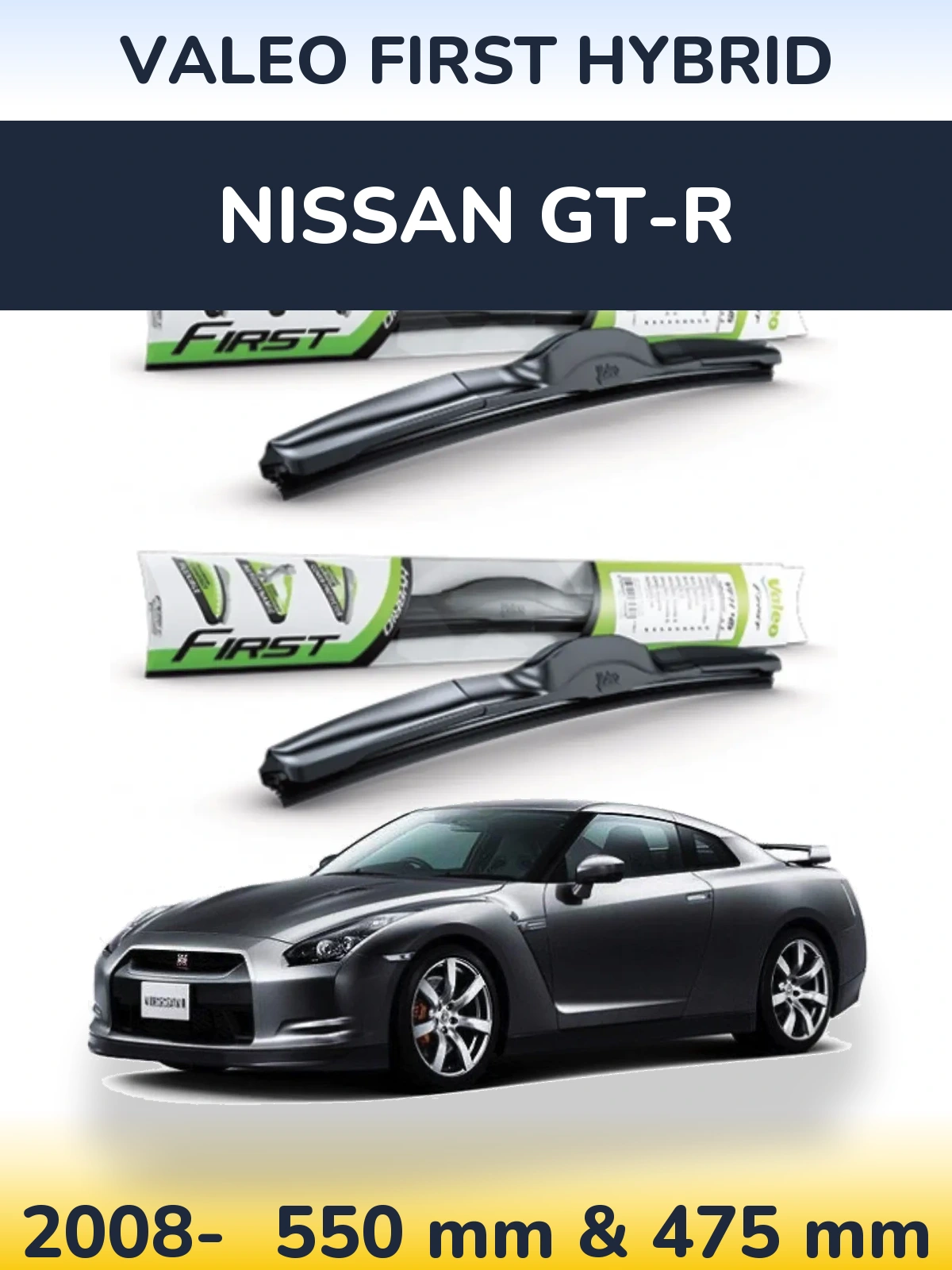 Sada předních stěračů Valeo First Hybrid 550 a 475 mm pro Nissan GT-R 2008-2026