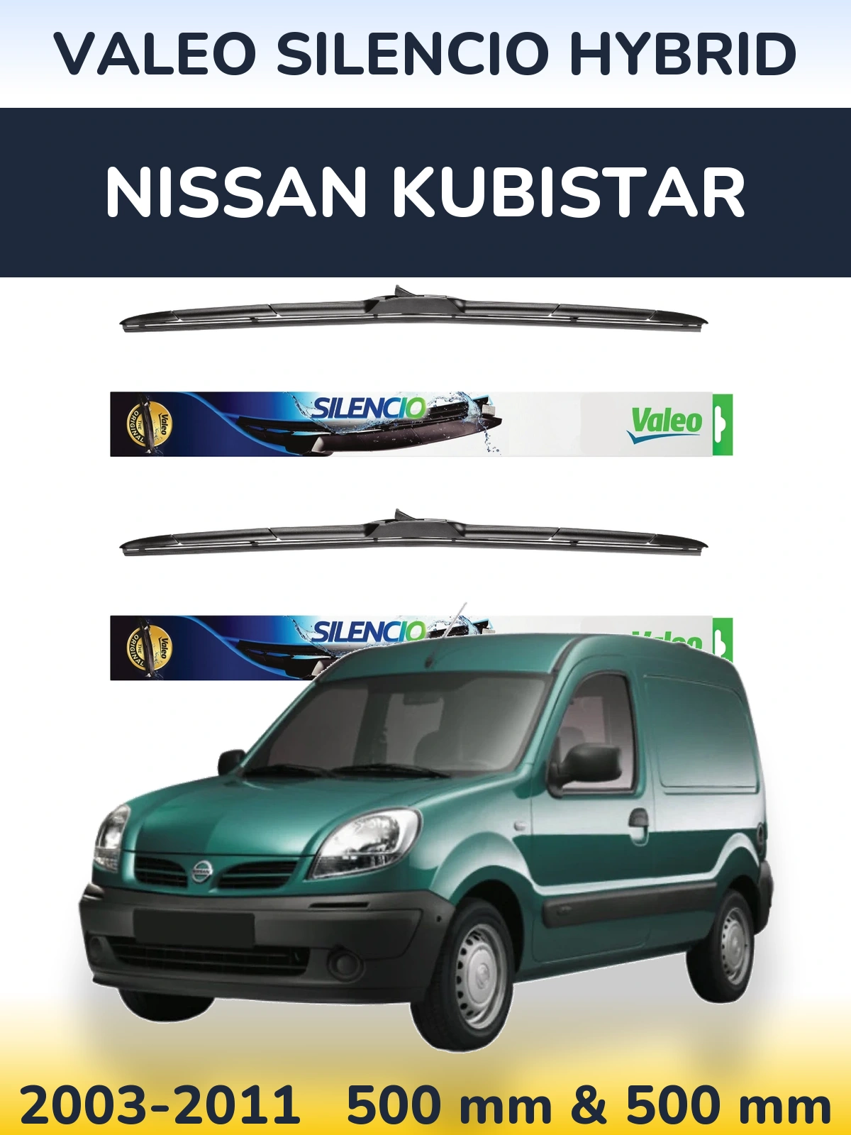 Sada předních stěračů Valeo Silencio Hybrid 500 a 500 mm pro Nissan Kubistar 2003-2011