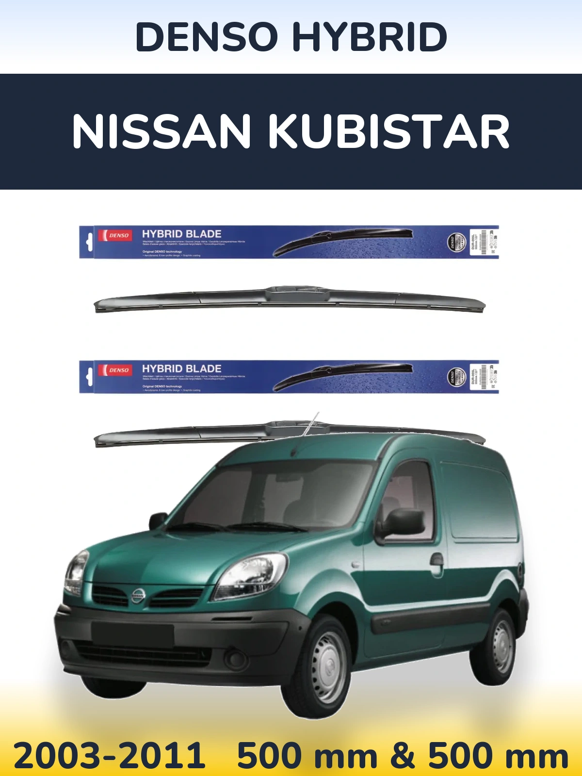 Sada předních stěračů Denso Hybrid 500 a 500 mm pro Nissan Kubistar 2003-2011