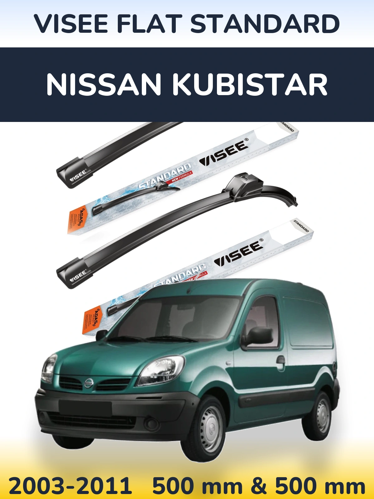 Sada předních stěračů VISEE FLAT STANDARD 500 a 500 mm pro Nissan Kubistar 2003-2011