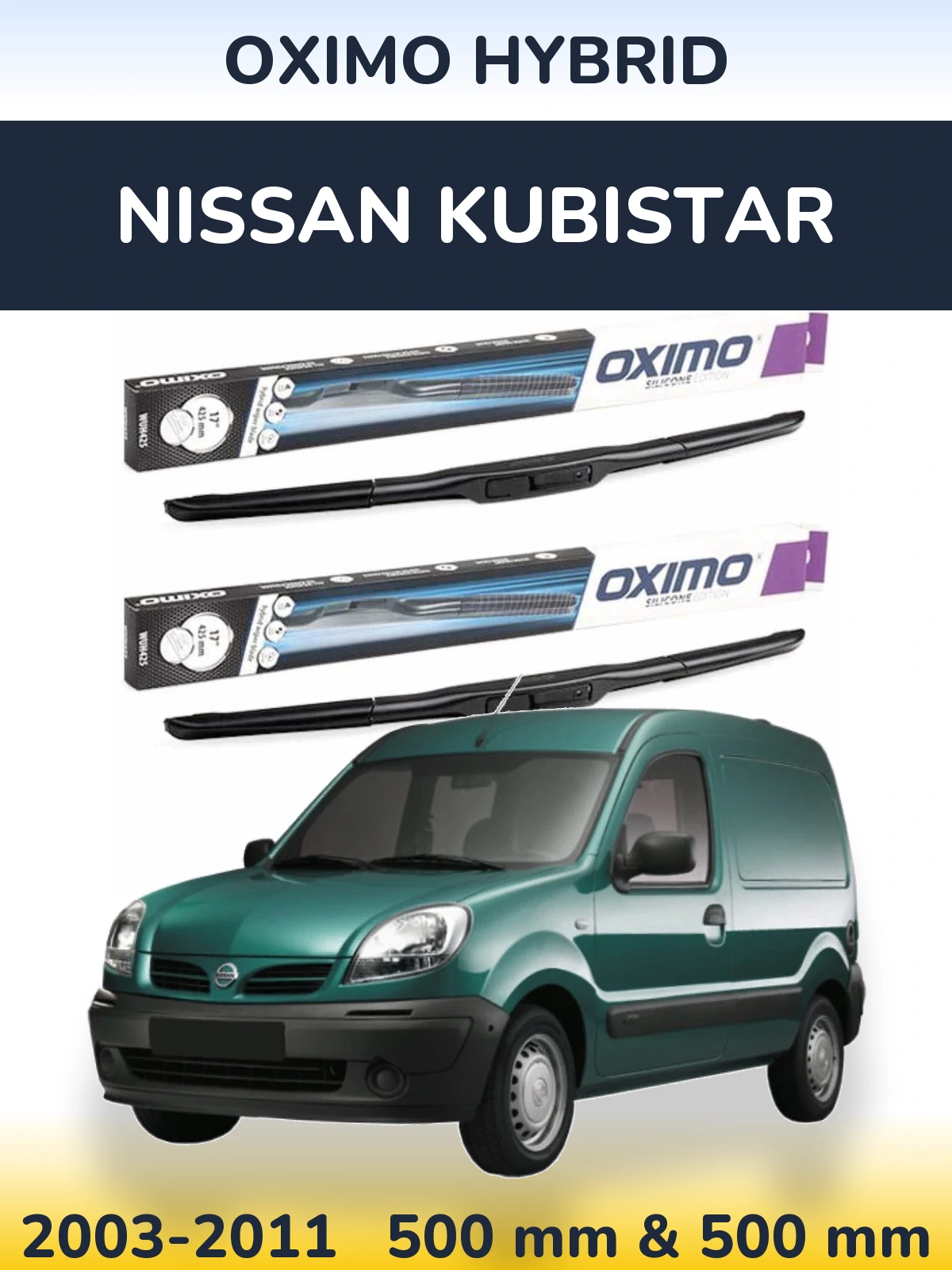Sada předních stěračů Oximo Hybrid 500 a 500 mm pro Nissan Kubistar 2003-2011