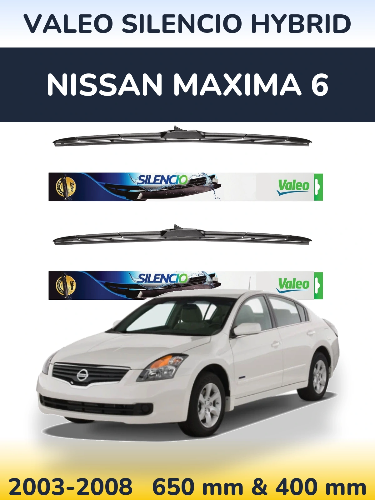 Sada předních stěračů Valeo Silencio Hybrid 650 a 400 mm pro Nissan Maxima 6 2003-2008