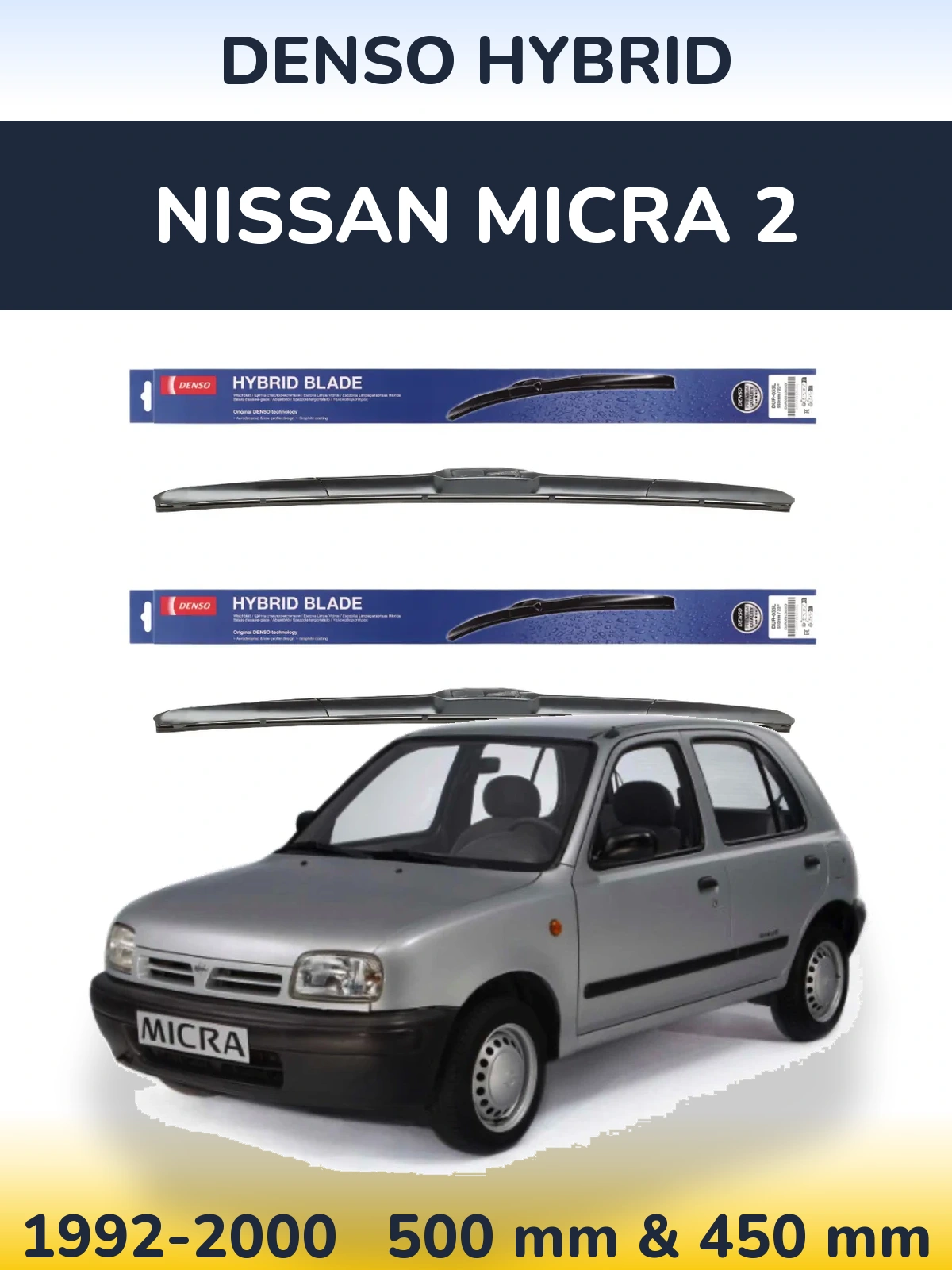 Sada předních stěračů Denso Hybrid 500 a 450 mm pro Nissan Micra 2 1992-2000