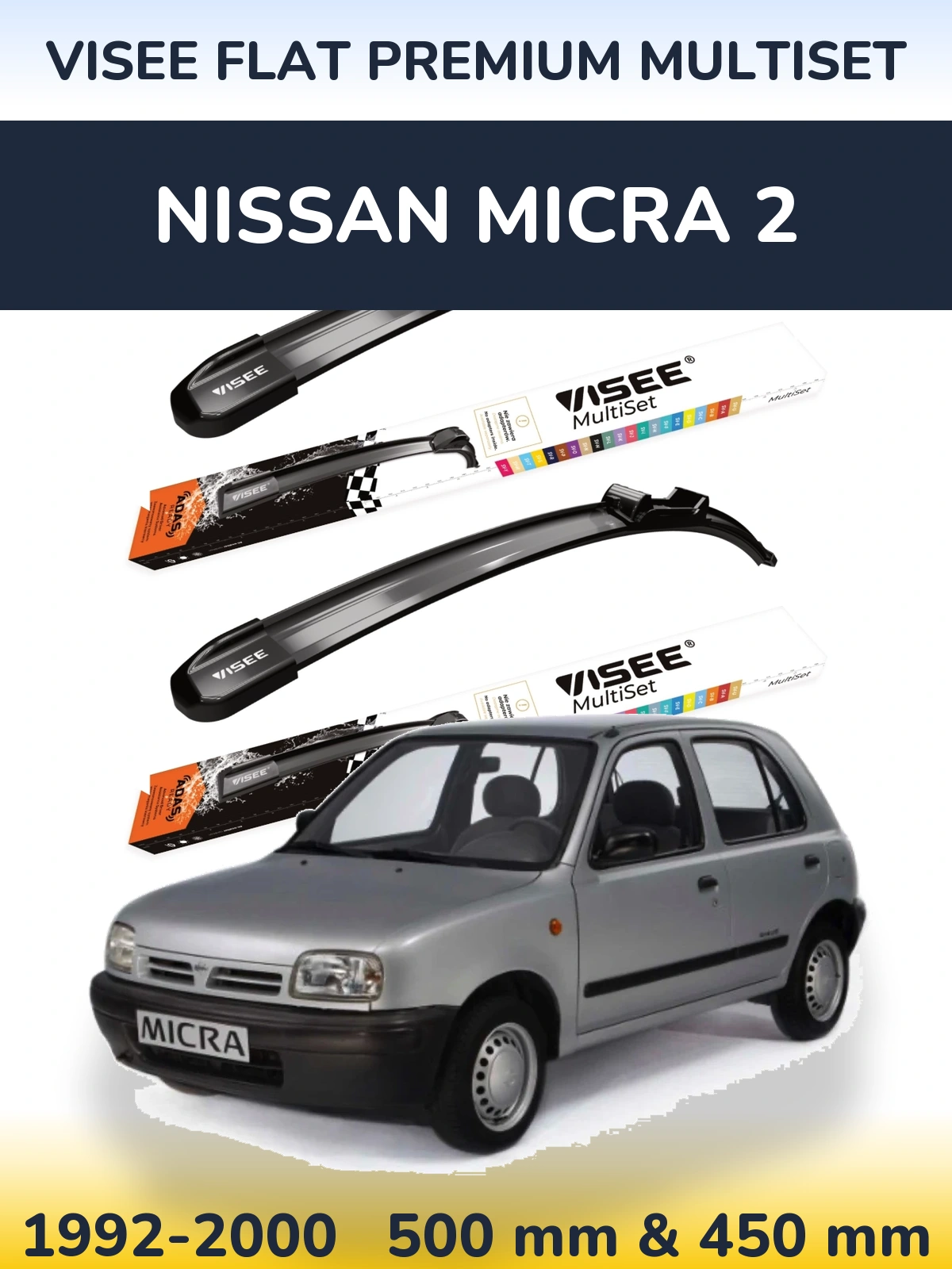 Комплект передніх щіток VISEE FLAT PREMIUM MultiSet 500 & 450 мм для Nissan Micra 2 1992-2000