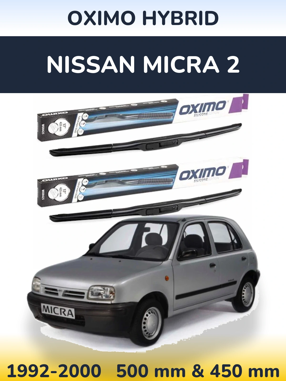 Sada předních stěračů Oximo Hybrid 500 a 450 mm pro Nissan Micra 2 1992-2000