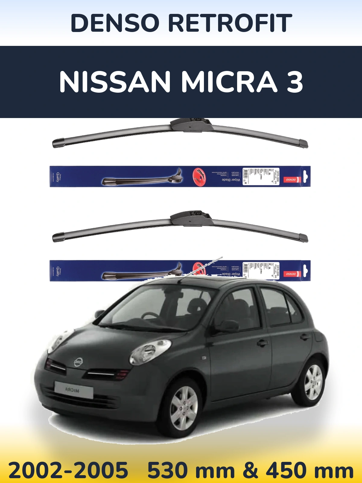 Sada předních stěračů Denso Retrofit 530 a 450 mm pro Nissan Micra 3 2002-2005
