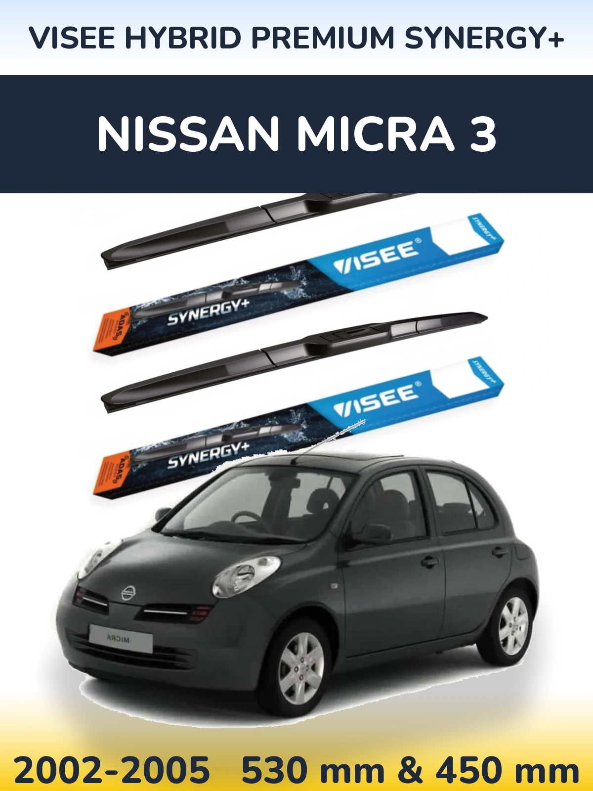 Sada předních stěračů VISEE HYBRID PREMIUM SYNERGY+ 530 a 450 mm pro Nissan Micra 3 2002-2005
