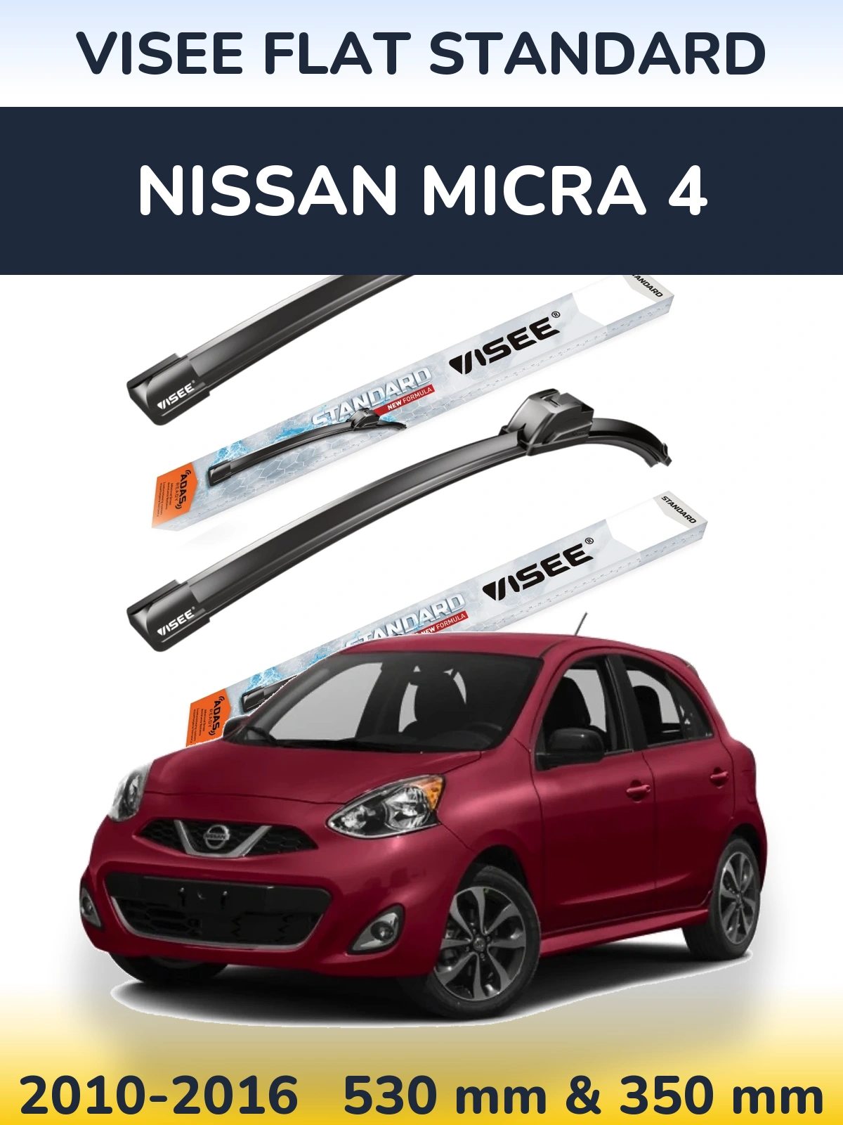 Sada předních stěračů VISEE FLAT STANDARD 530 a 350 mm pro Nissan Micra 4 2010-2016