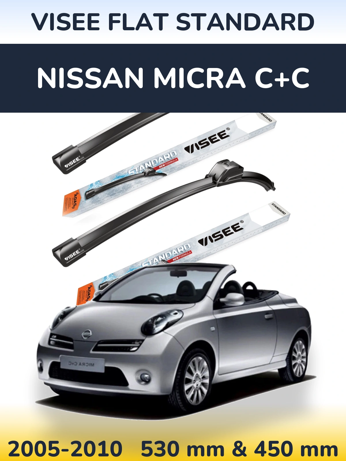 Sada předních stěračů VISEE FLAT STANDARD 530 a 450 mm pro Nissan Micra C+C 2005-2010