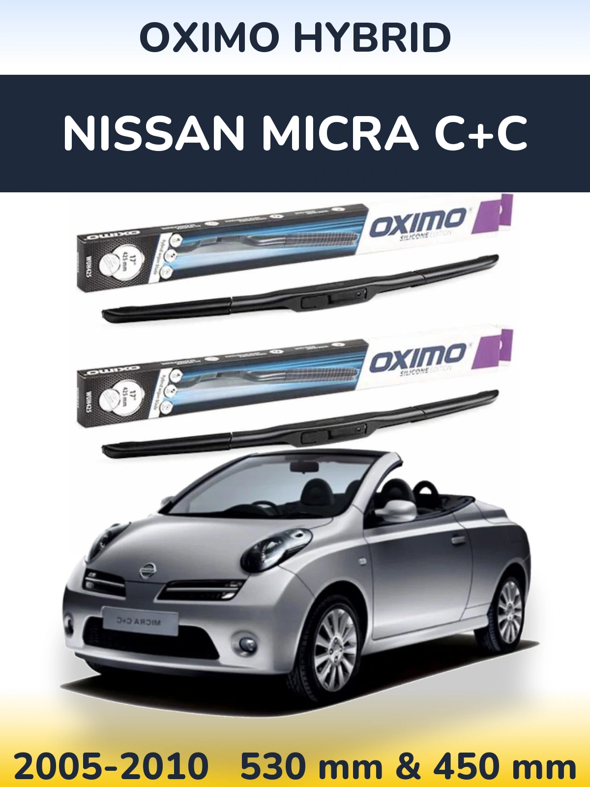 Sada předních stěračů Oximo Hybrid 530 a 450 mm pro Nissan Micra C+C 2005-2010