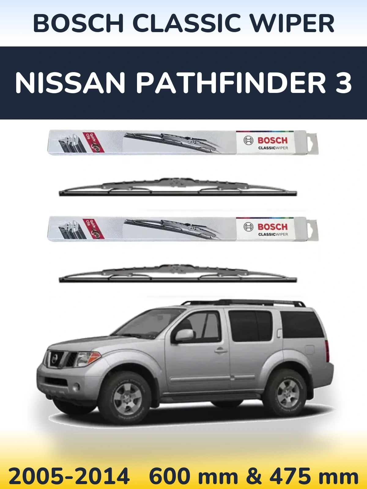Sada předních stěračů BOSCH Classic Wiper 600 a 475 mm pro Nissan Pathfinder 3 2005-2014