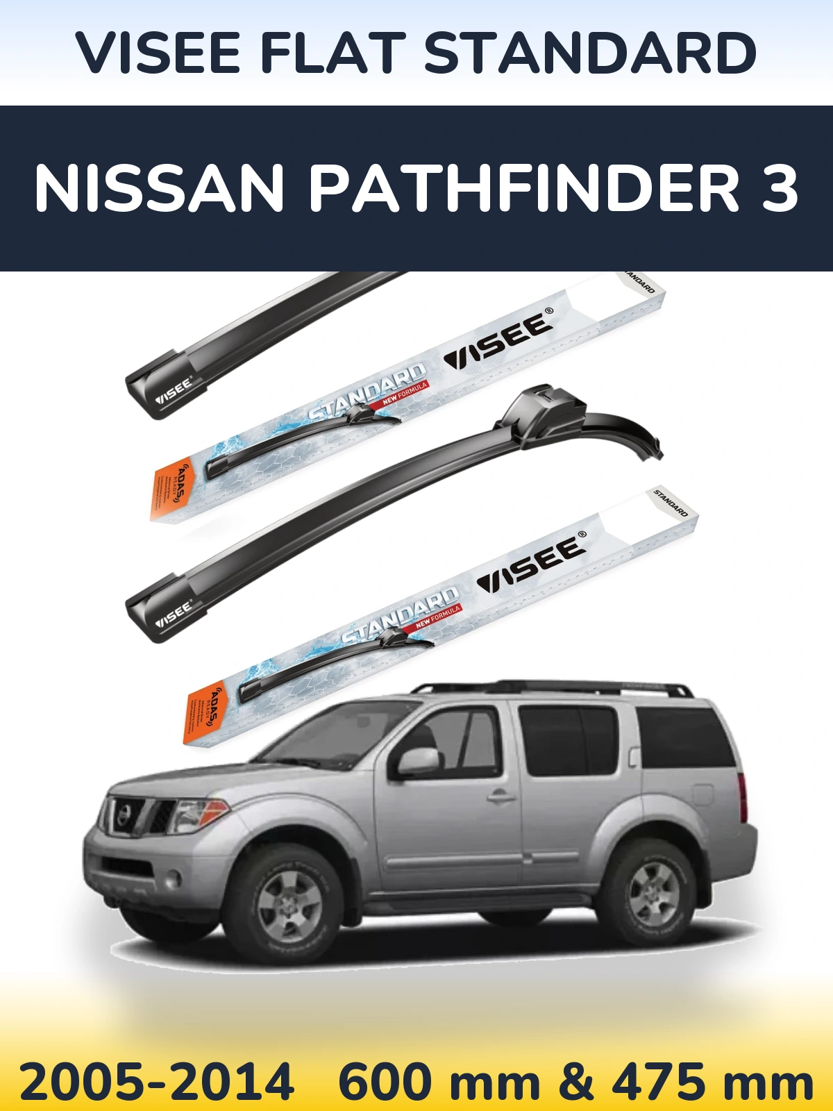 Sada předních stěračů VISEE FLAT STANDARD 600 a 475 mm pro Nissan Pathfinder 3 2005-2014