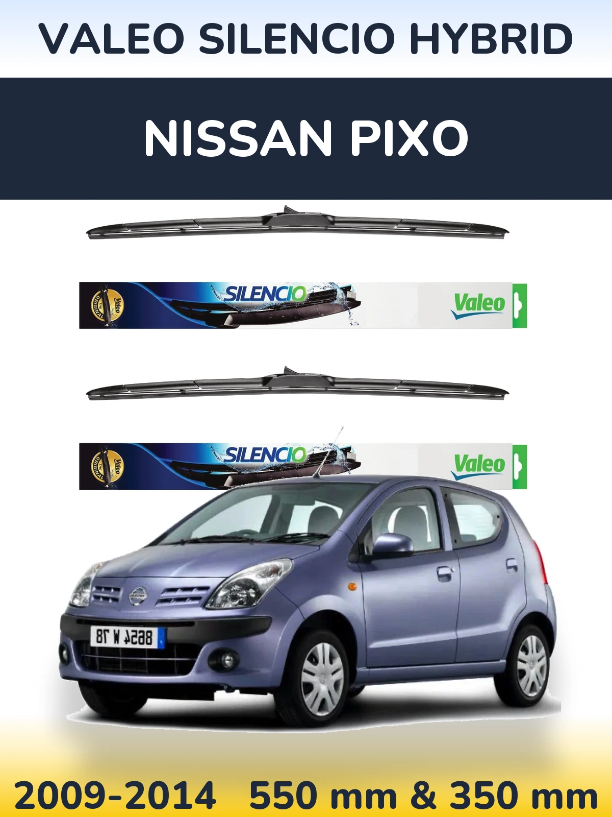 Sada předních stěračů Valeo Silencio Hybrid 550 a 350 mm pro Nissan Pixo 2009-2014