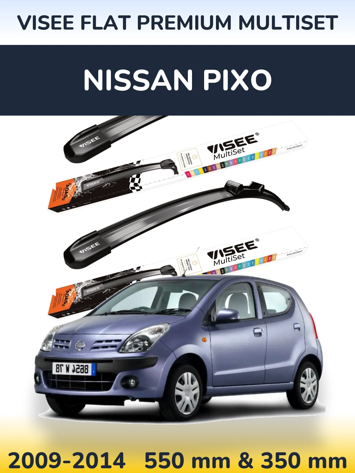 Sada předních stěračů VISEE FLAT PREMIUM MultiSet 550 a 350 mm pro Nissan Pixo 2009-2014