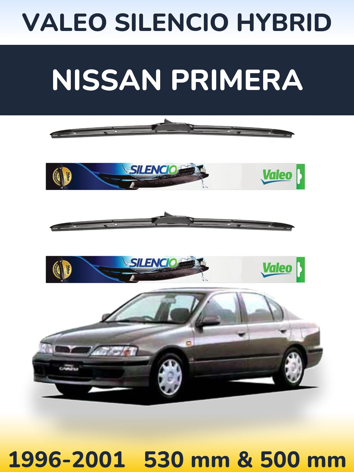 Sada předních stěračů Valeo Silencio Hybrid 530 a 500 mm pro Nissan Primera 1996-2001
