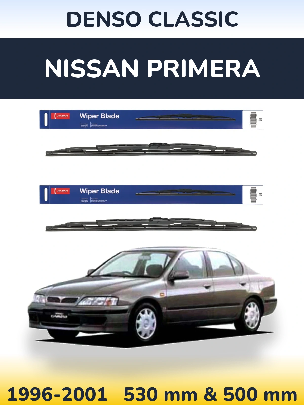 Sada předních stěračů Denso Classic 530 a 500 mm pro Nissan Primera 1996-2001