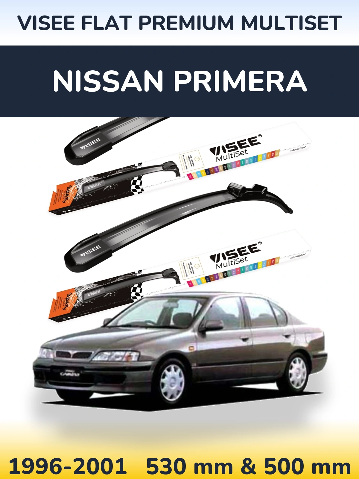 Sada předních stěračů VISEE FLAT PREMIUM MultiSet 530 a 500 mm pro Nissan Primera 1996-2001