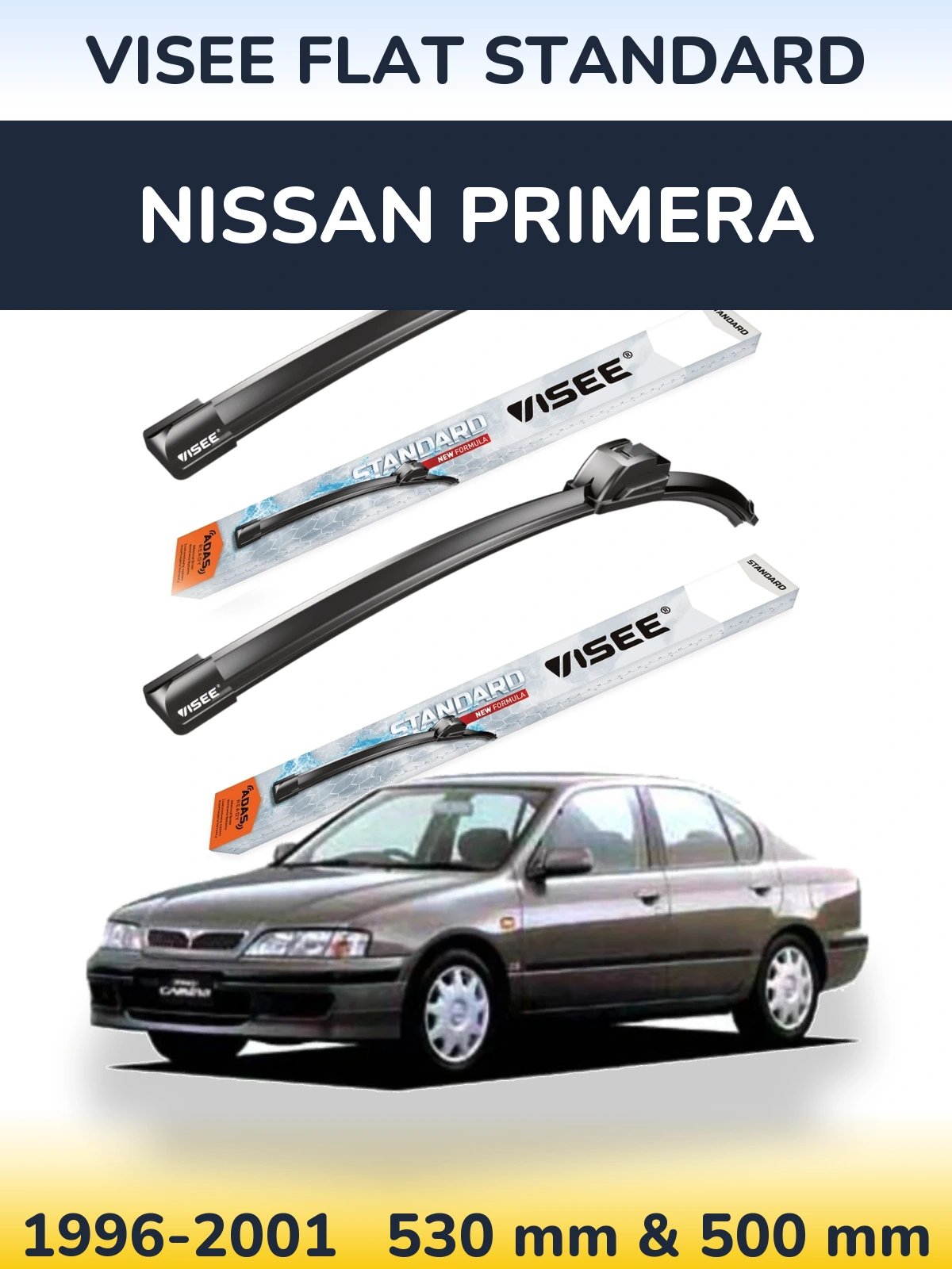 Комплект передніх щіток VISEE FLAT STANDARD 530 & 500 мм для Nissan Primera 1996-2001