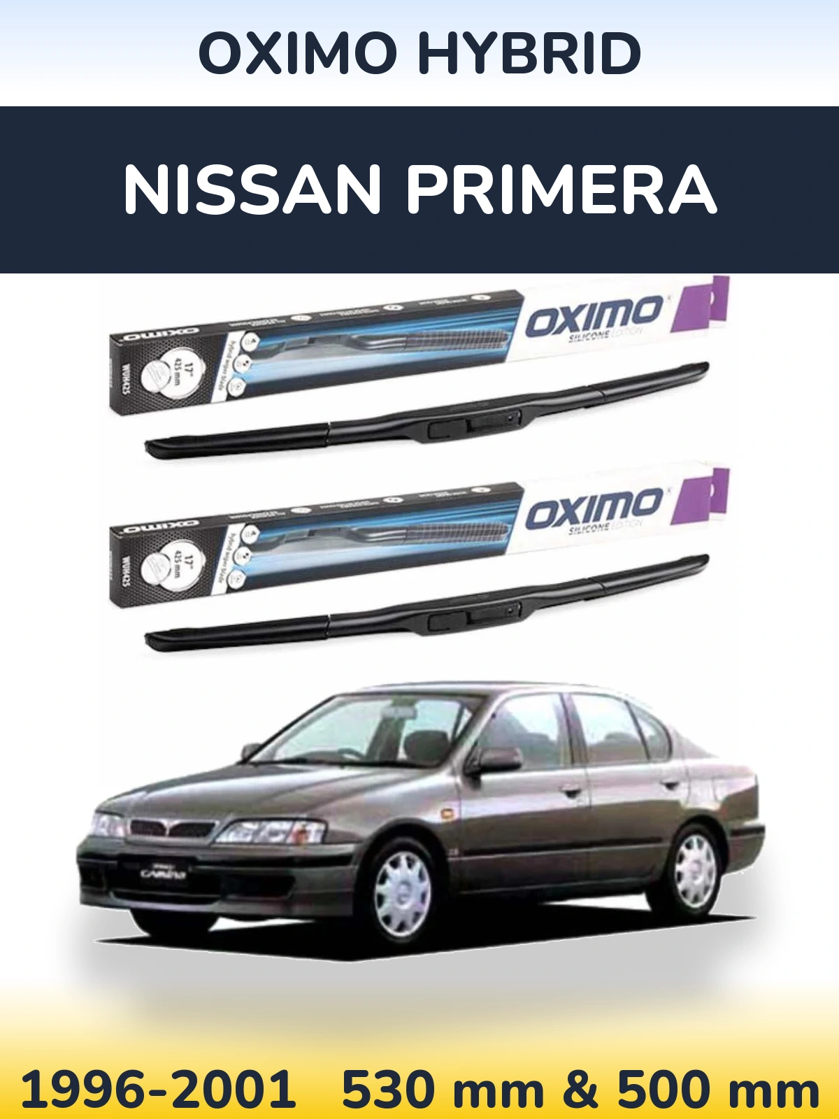 Sada předních stěračů Oximo Hybrid 530 a 500 mm pro Nissan Primera 1996-2001