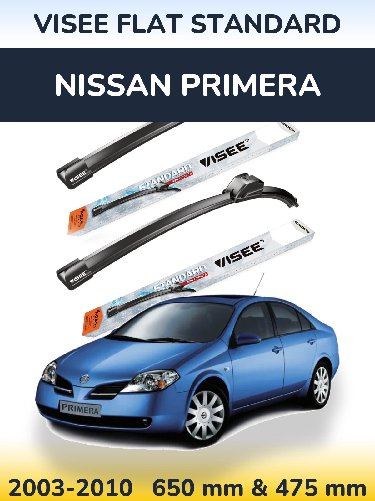 Sada předních stěračů VISEE FLAT STANDARD 650 a 475 mm pro Nissan Primera 2003-2010