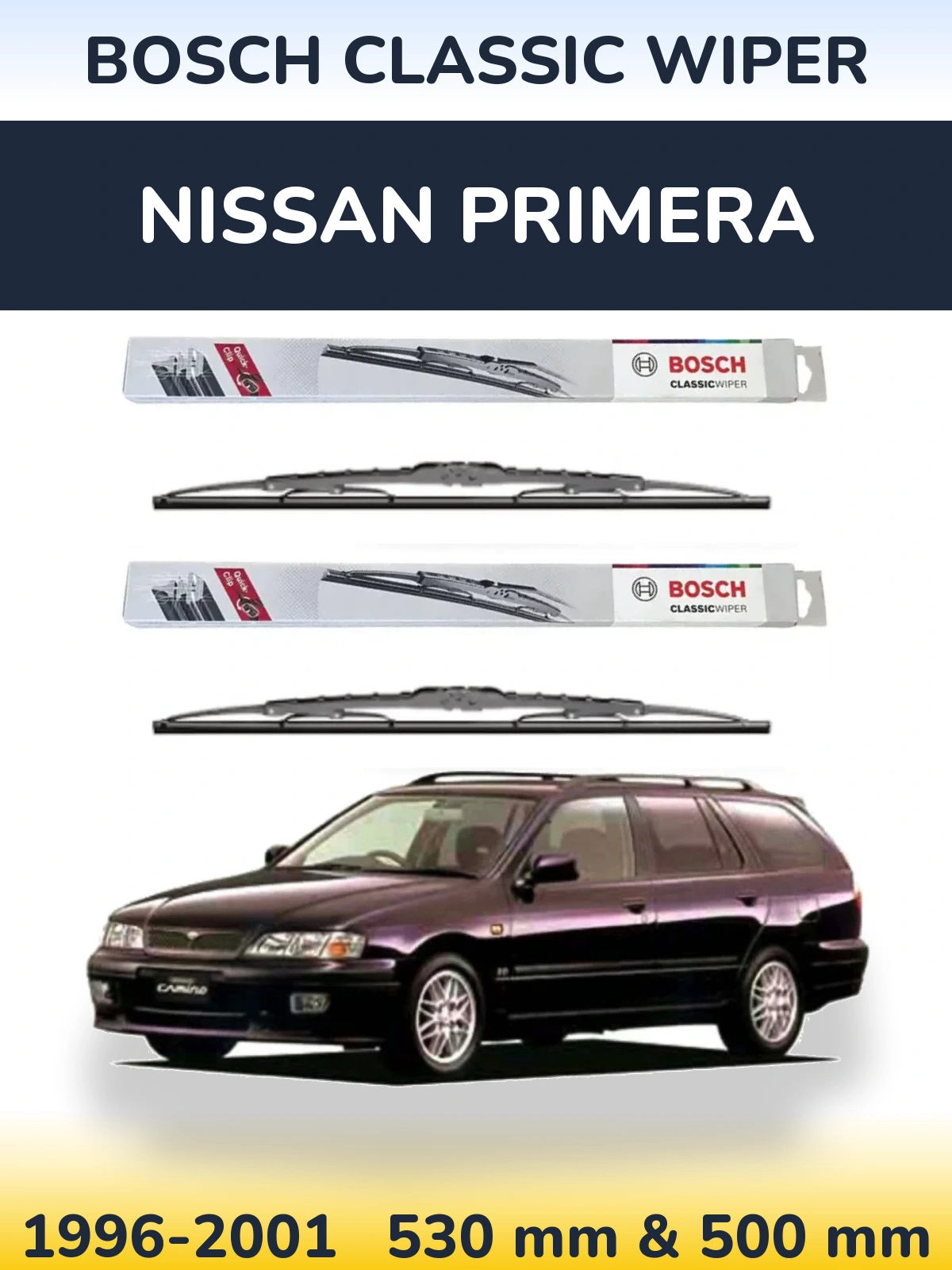 Sada předních stěračů BOSCH Classic Wiper 530 a 500 mm pro Nissan Primera 1996-2001