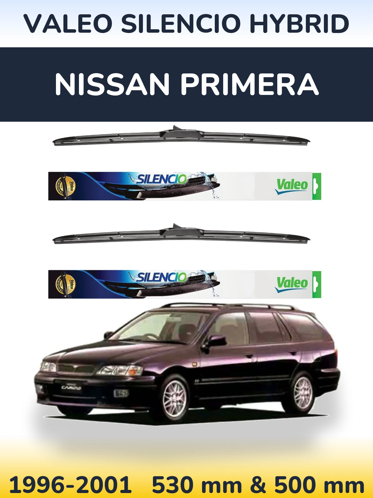 Sada předních stěračů Valeo Silencio Hybrid 530 a 500 mm pro Nissan Primera 1996-2001