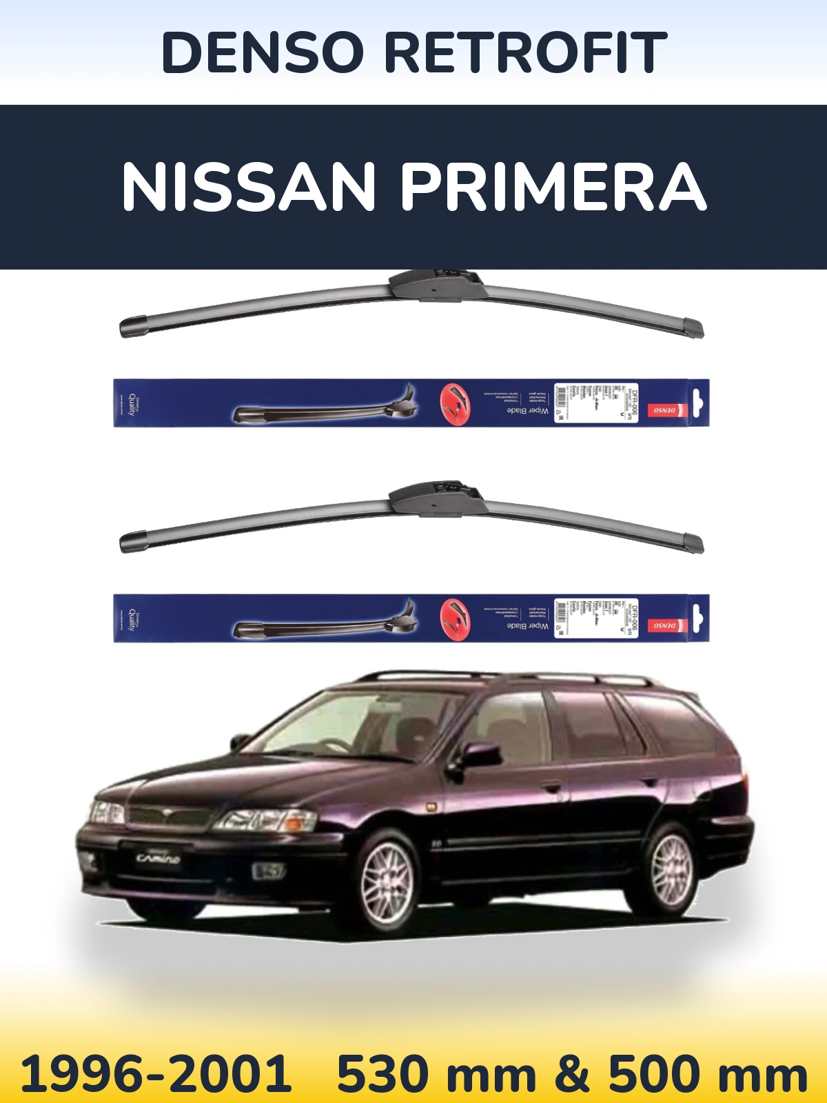 Sada předních stěračů Denso Retrofit 530 a 500 mm pro Nissan Primera 1996-2001
