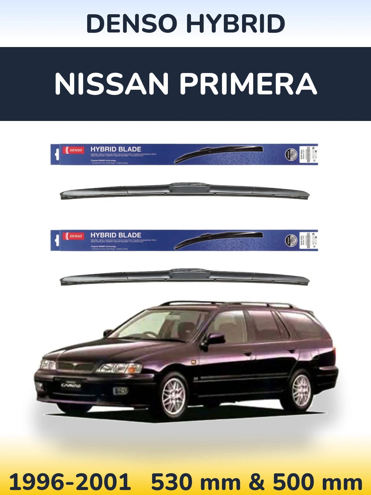 Sada předních stěračů Denso Hybrid 530 a 500 mm pro Nissan Primera 1996-2001