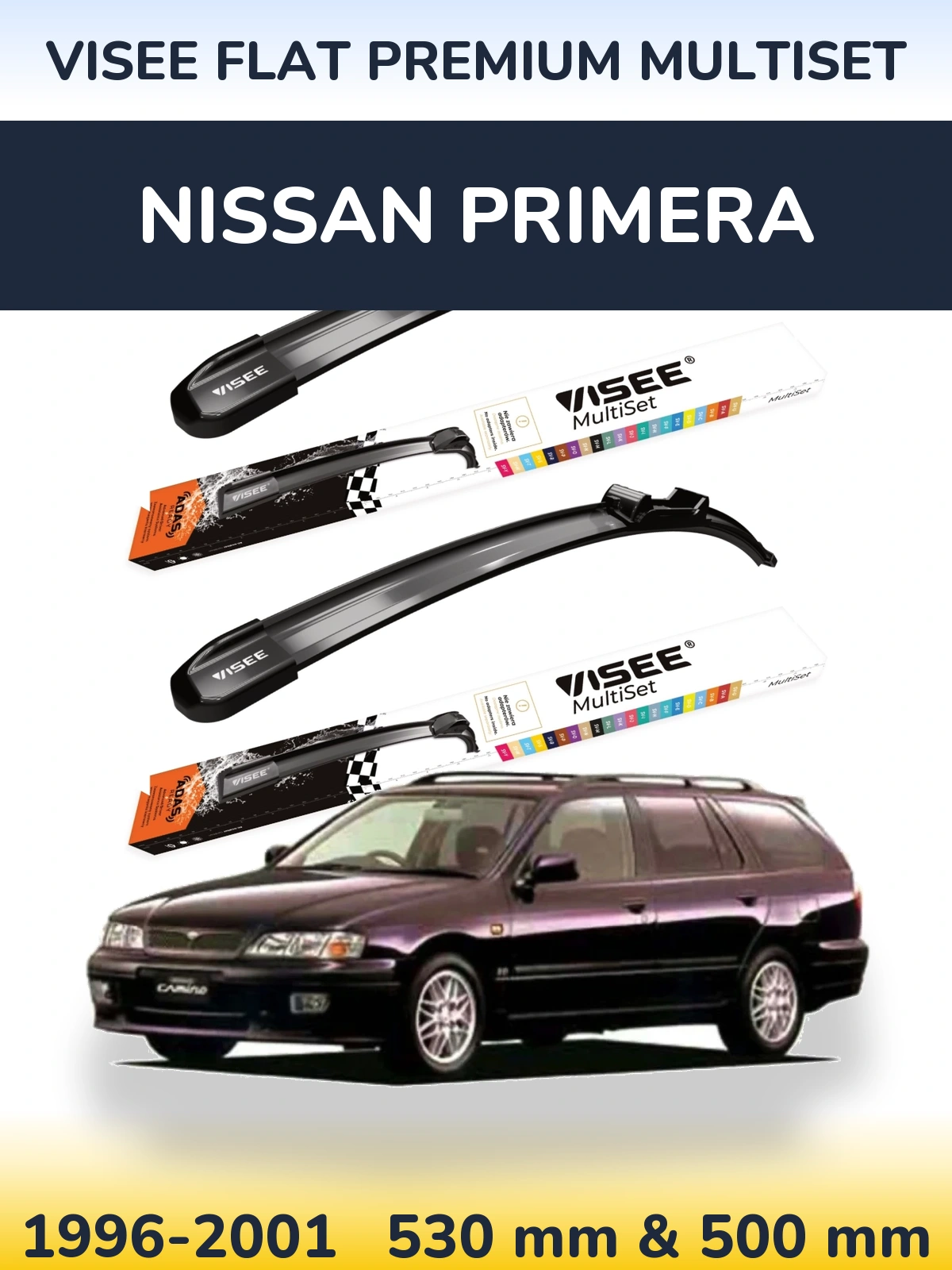 Sada předních stěračů VISEE FLAT PREMIUM MultiSet 530 a 500 mm pro Nissan Primera 1996-2001
