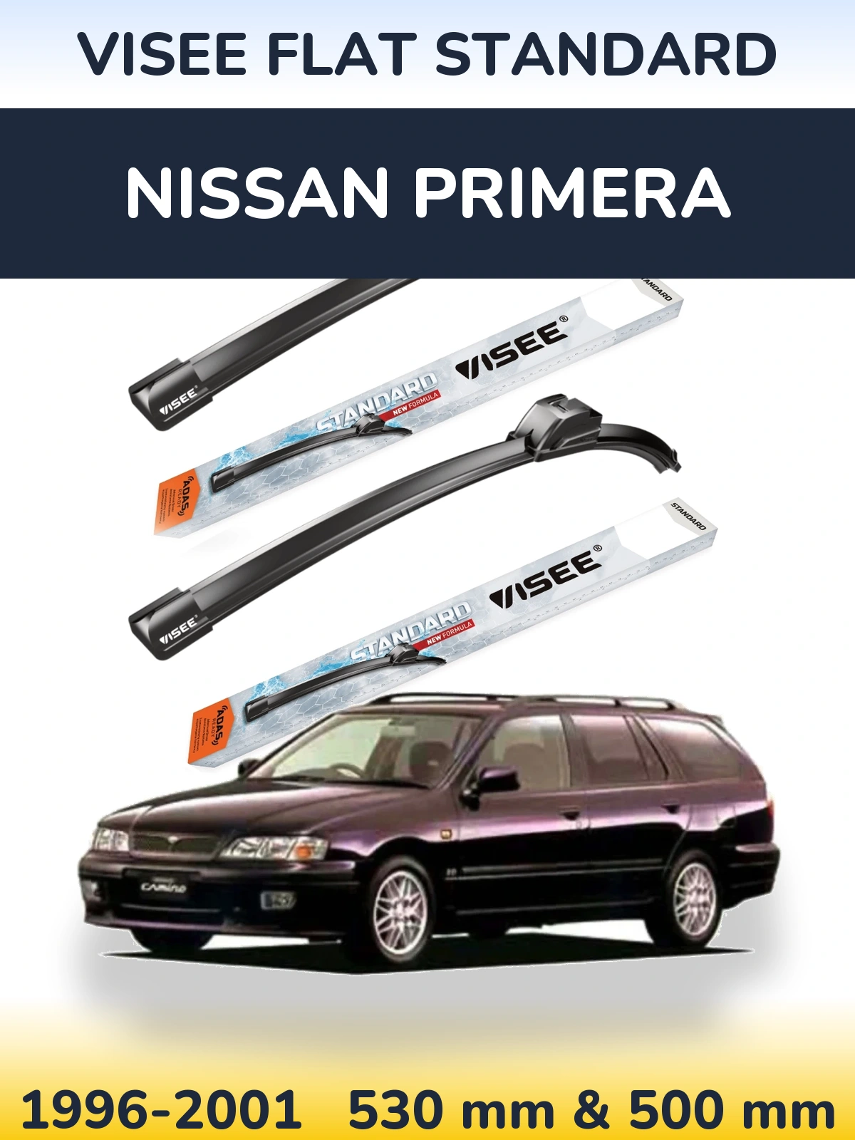 Sada předních stěračů VISEE FLAT STANDARD 530 a 500 mm pro Nissan Primera 1996-2001