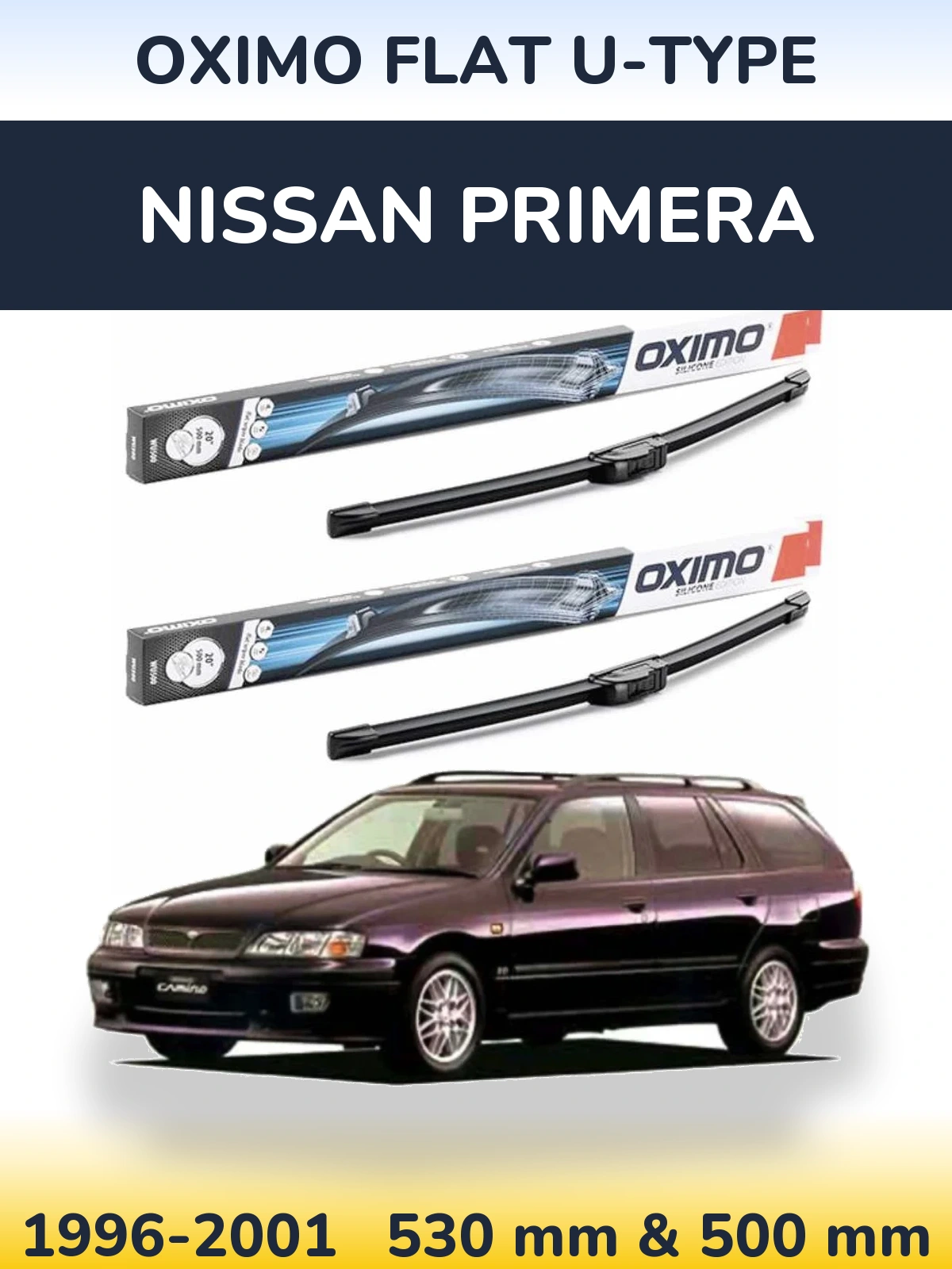 Sada předních stěračů Oximo Flat U-type 530 a 500 mm pro Nissan Primera 1996-2001
