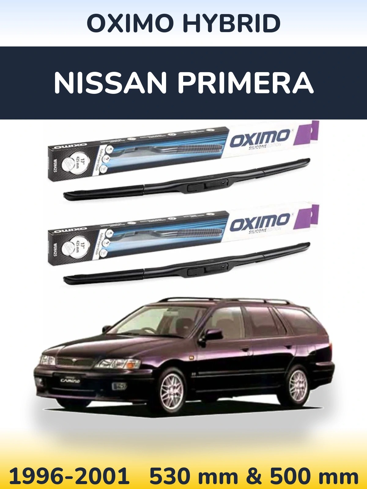 Sada předních stěračů Oximo Hybrid 530 a 500 mm pro Nissan Primera 1996-2001