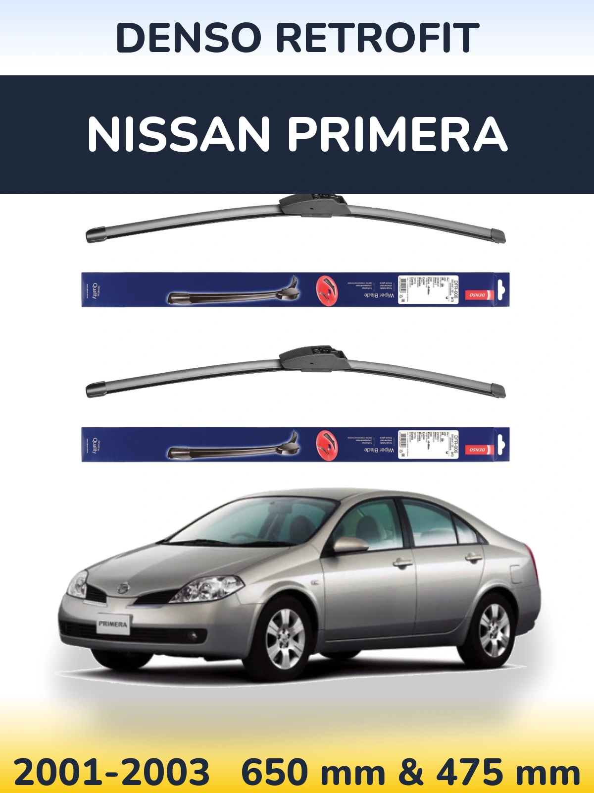 Sada předních stěračů Denso Retrofit 650 a 475 mm pro Nissan Primera 2001-2003