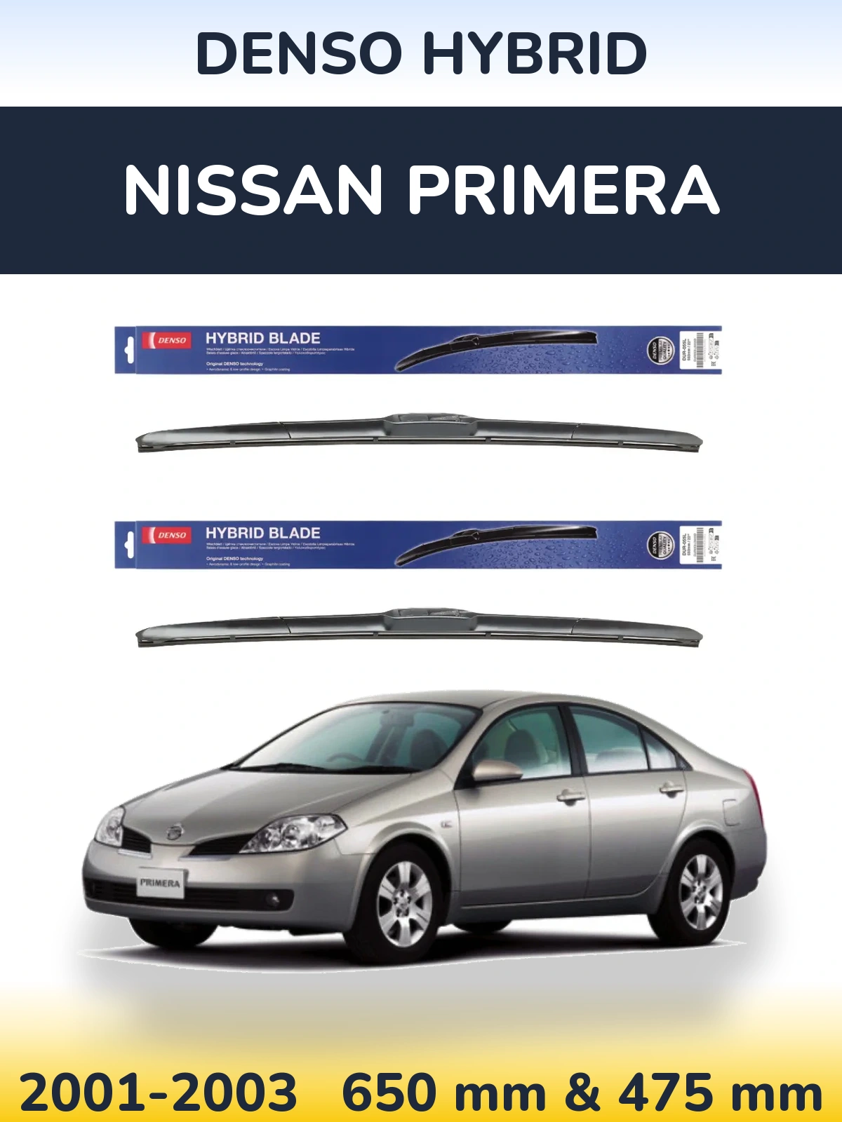 Sada předních stěračů Denso Hybrid 650 a 475 mm pro Nissan Primera 2001-2003